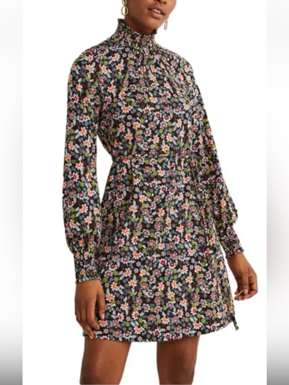 Boden SMOCKED JERSEY SHIFT DRESS IN BLACK, OPULENT LEAF